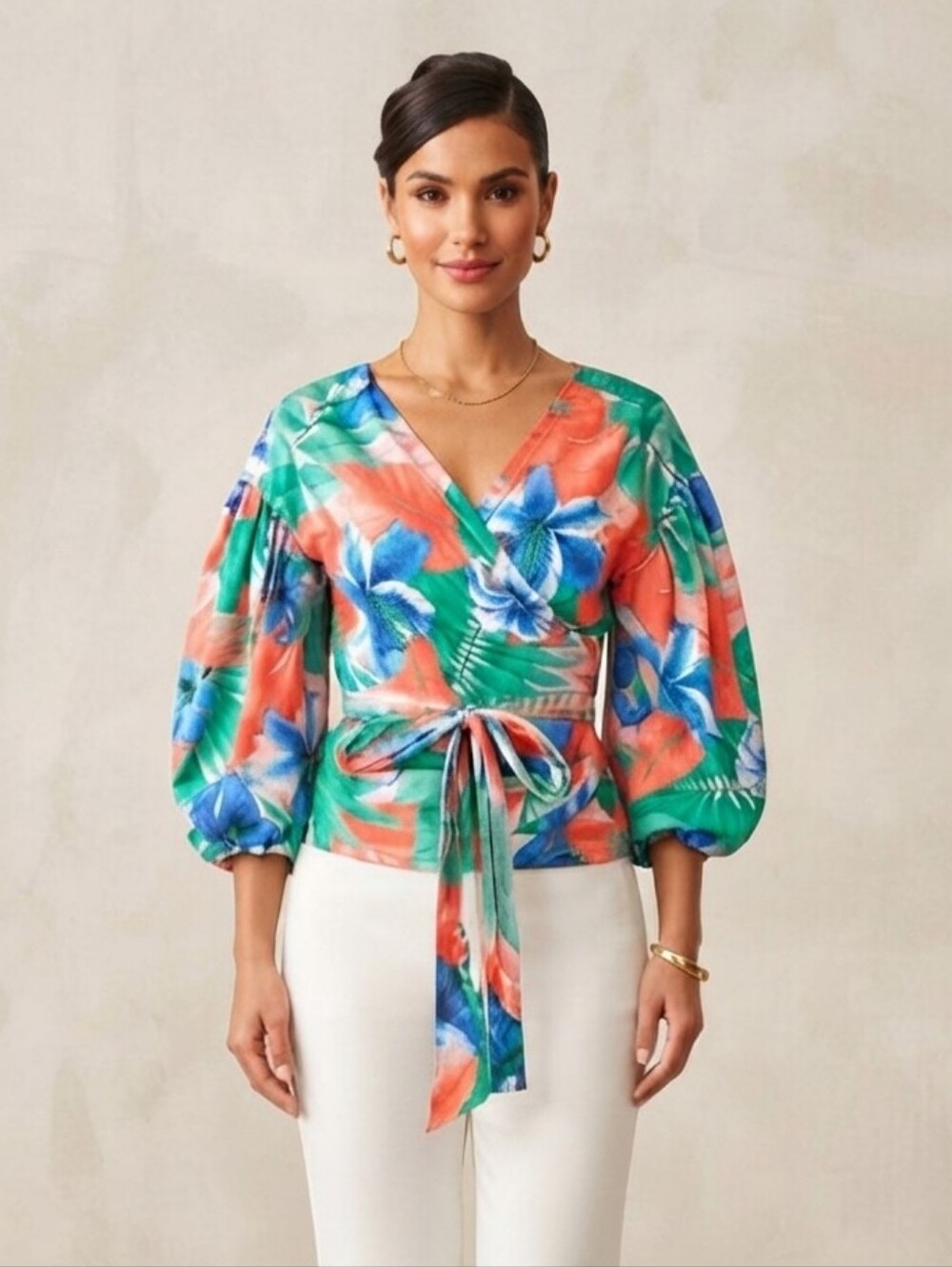 Zara Women's Floral Wrap Summer Blouse With Tie Waist Green/Coral Cotton Medium